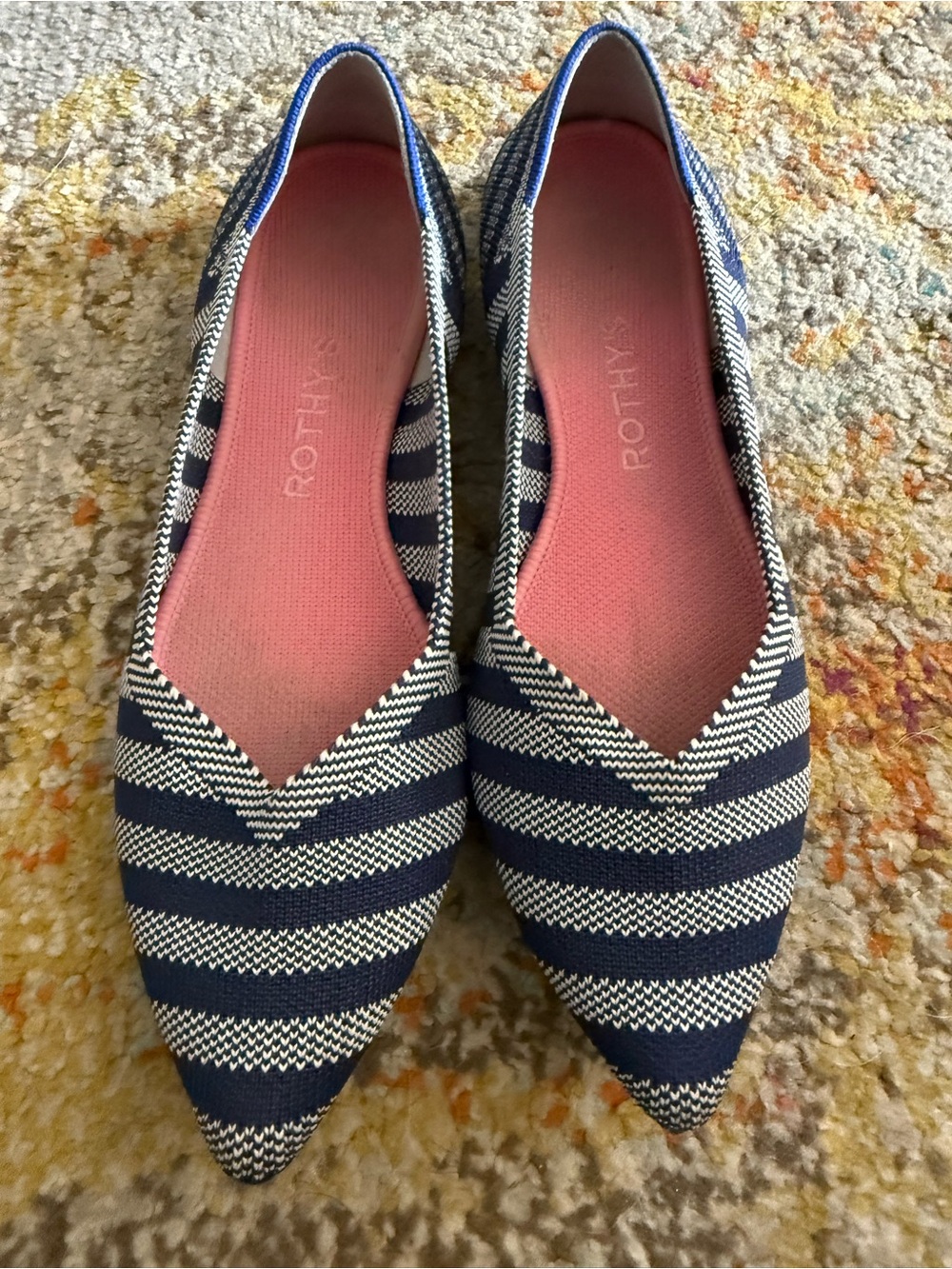 Rothy's Navy & White Striped Pointed Flats with Pink Insole